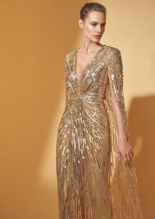 Jenny Packham Gold Rush Sequined Cape Gown | iBrandZone