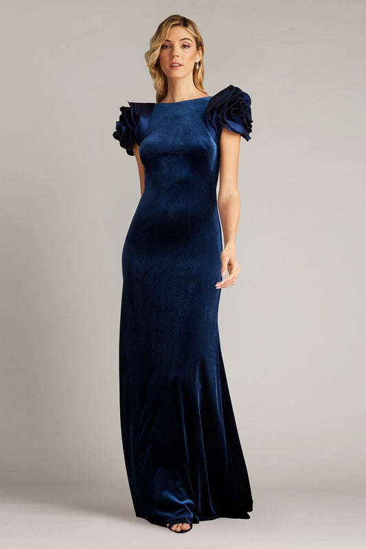 Maylee Rosette-Shoulder Velvet Gown by Tadashi Shoji - iBrandZone