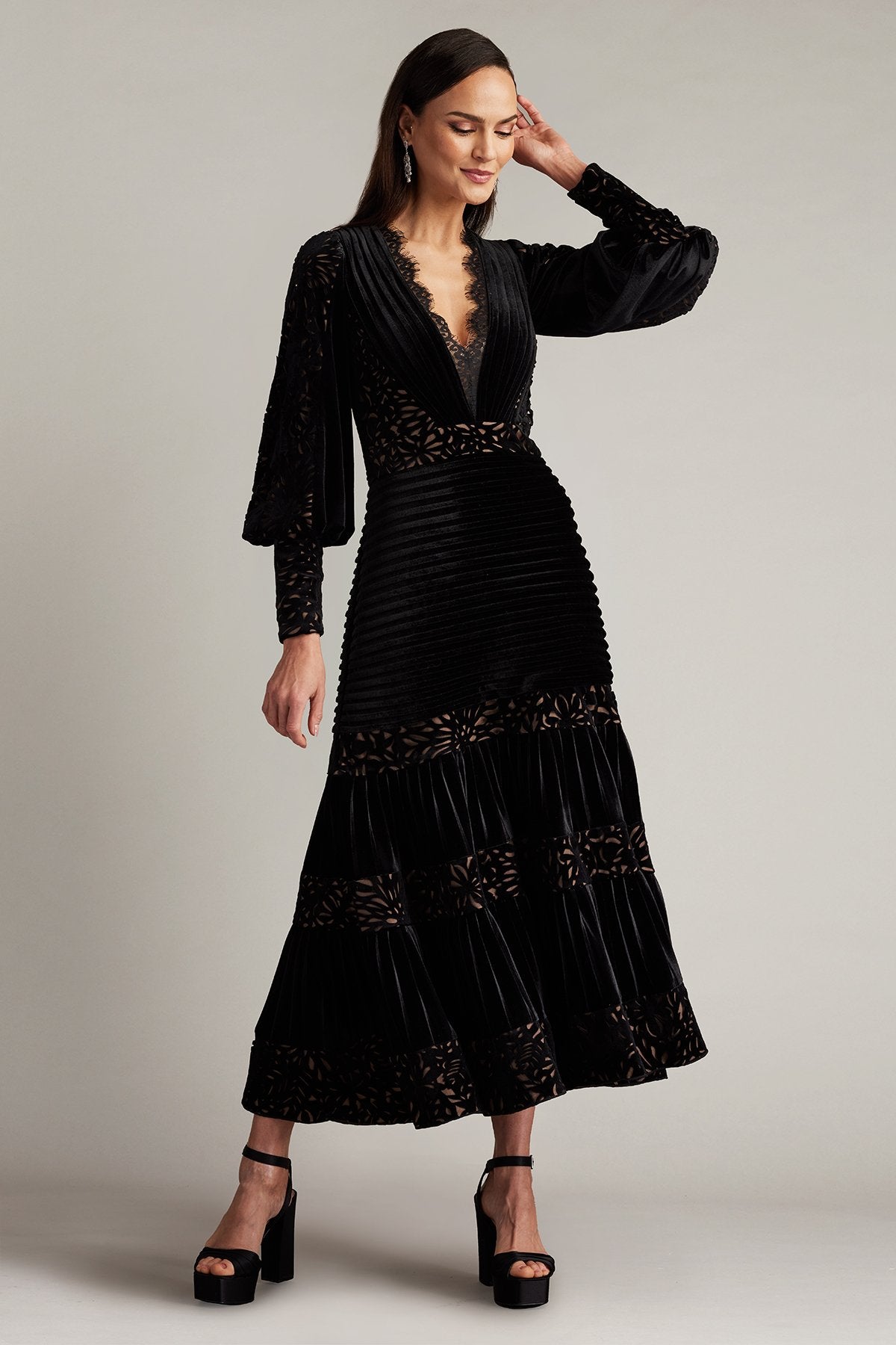 Sonata Pleated Velvet Midi Dress by Tadashi Shoji - iBrandZone